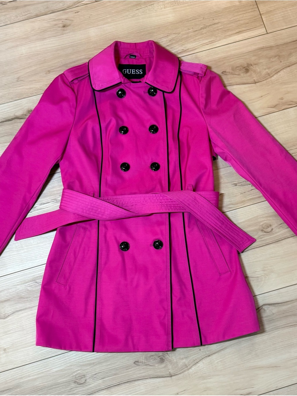 GUESS Hot Pink Double Breasted Belted Trench Coat Black Piping Size Small NWOT